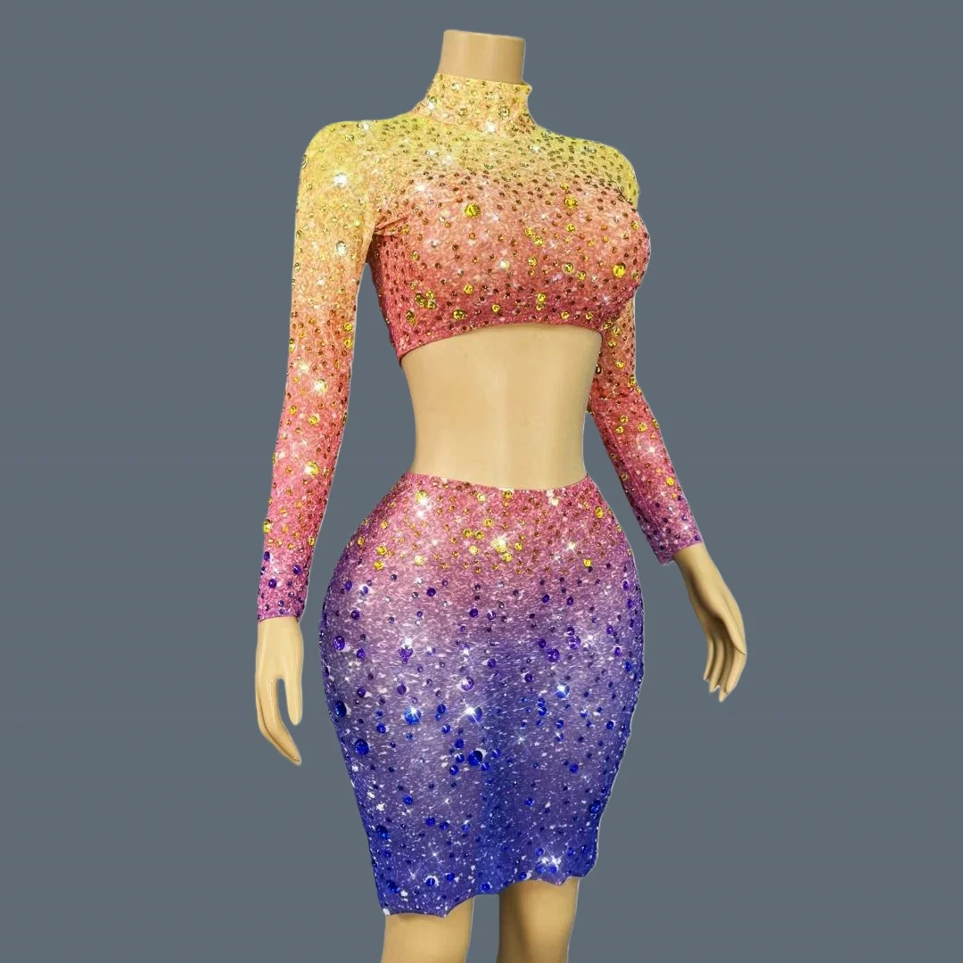 طويلة الأكمام المحاصيل القمم تنورة صغيرة 2 قطعة مجموعة حفلة سباركلي بلورات انظر من خلال شبكة فستان قصير فستان كوكتيل Xingcaijing #3