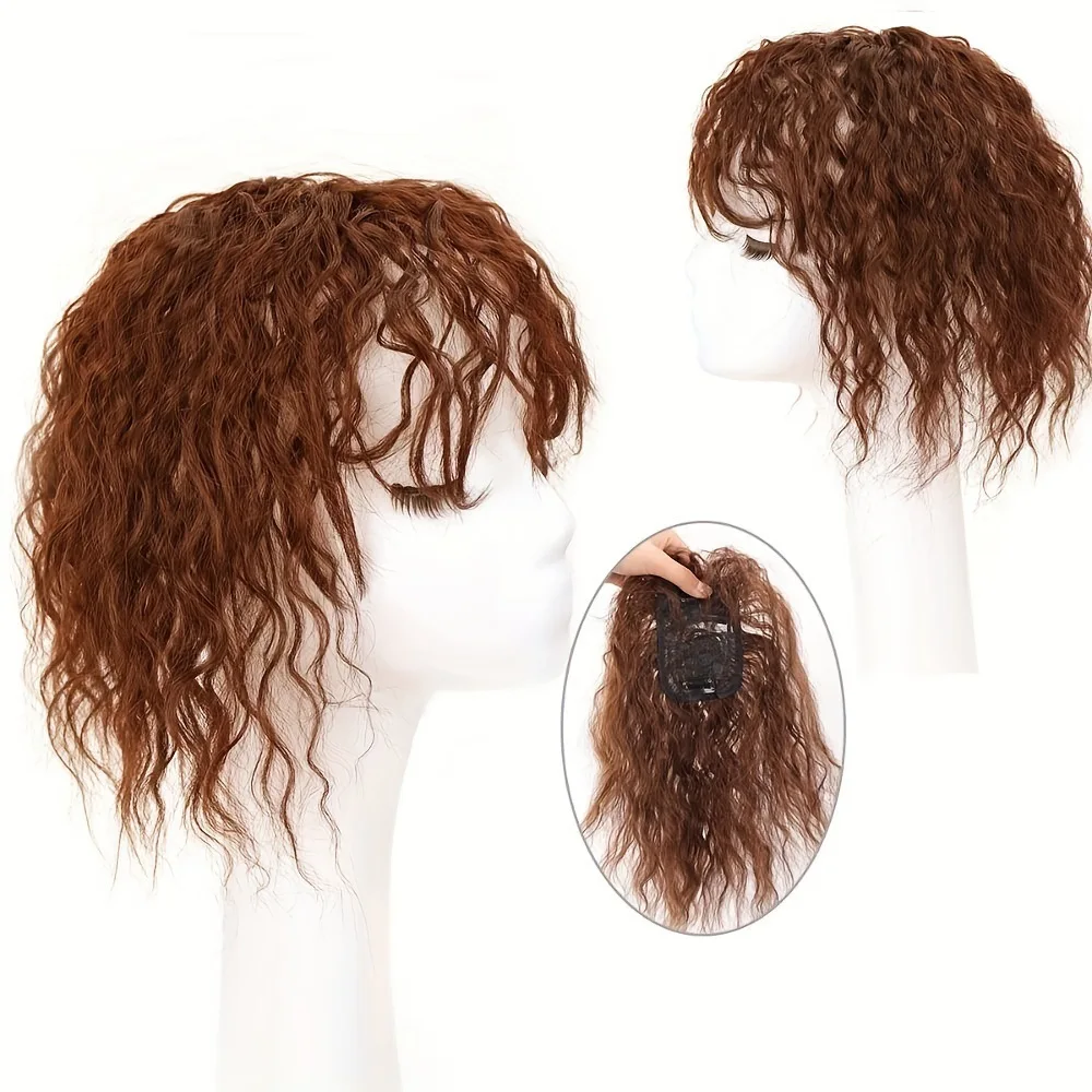 Short bob wig with bangs, wave pattern, thin top hairpiece for covering white hair, synthetic wig piece view 4