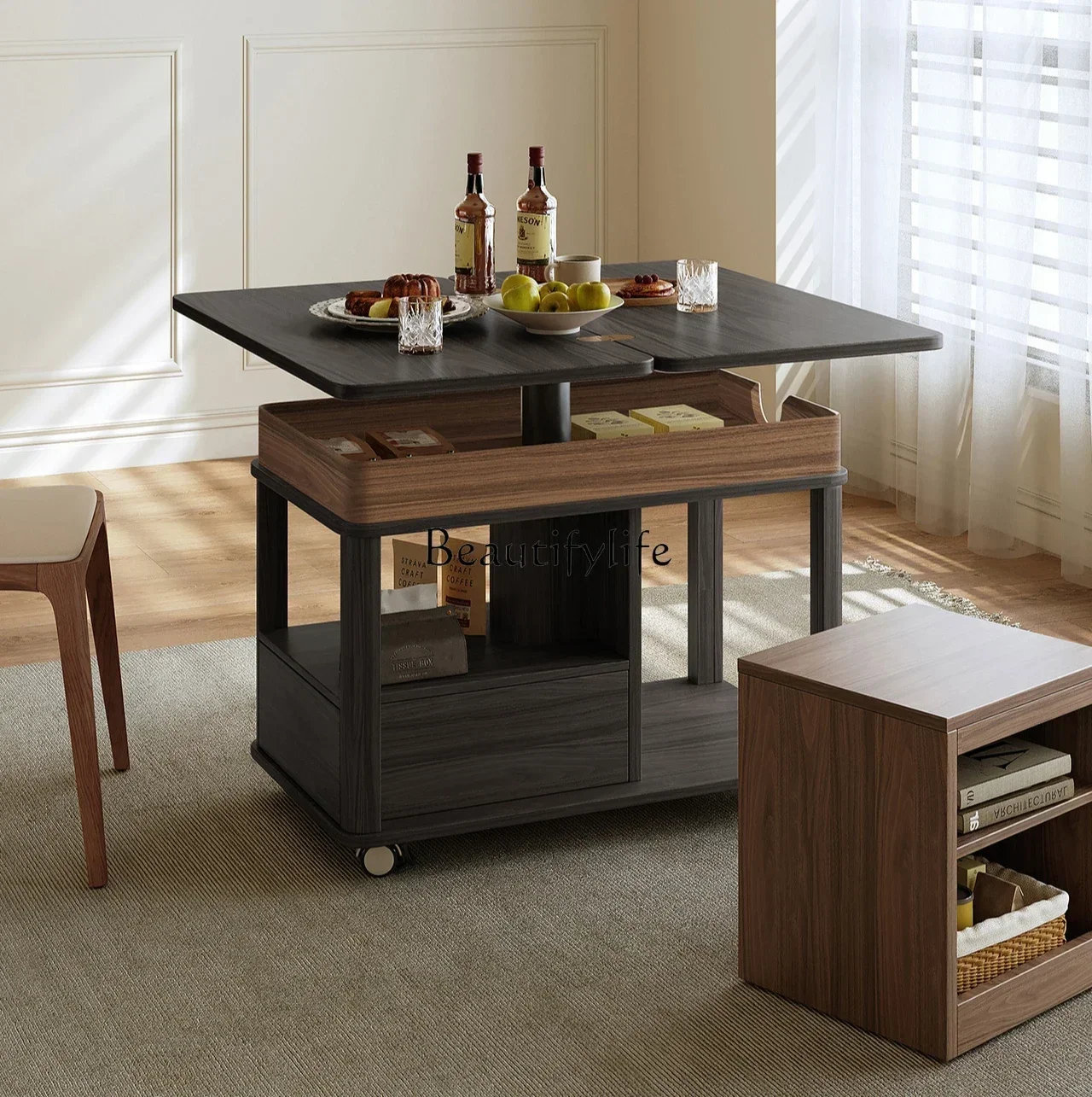 02Movable trolley Multifunctional side cabinet Small table Folding desktop Household solid wood lifting coffee table