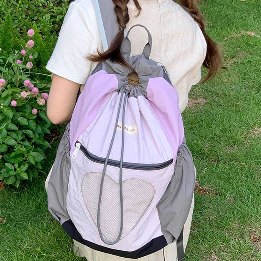 

Women School Bookbag Girls Color-Block Large Capacity Backpack Nylon Drawstring Fashion Laptop Daypack Travel Cute Rucksack