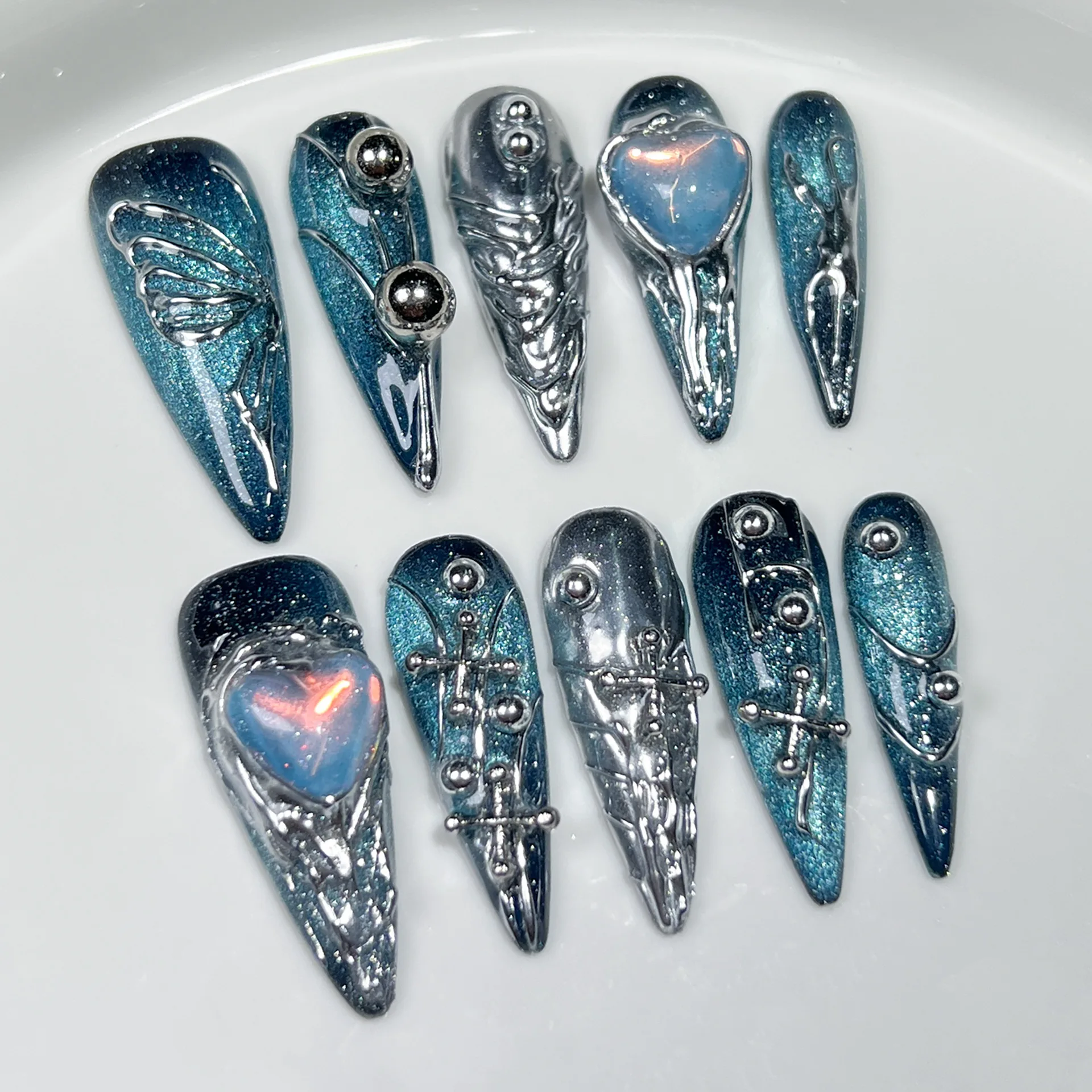 10Pcs Blue Sweet Cool Handmade Press on Nails Full Cover Rhinestone Heart Y2K Design French Almond Manicure False Nails Tips Art