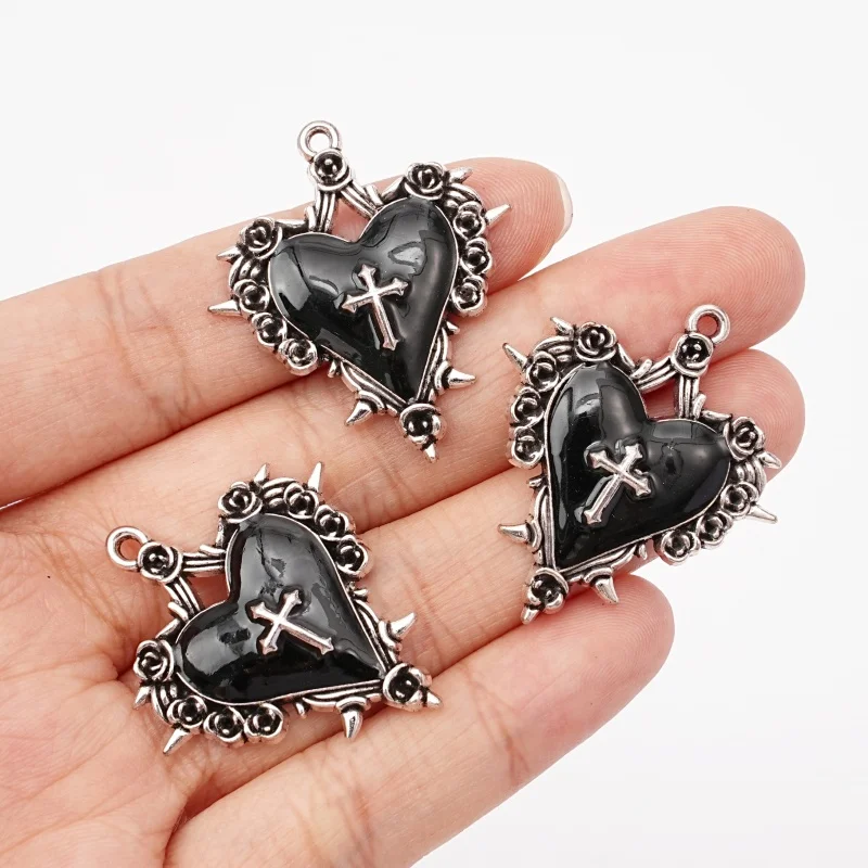 5Pcs Gothic Black Imitation Enamel Thorn Rose Heart Cross Pendant Necklace Earrings Bracelet Jewelry Making Accessories