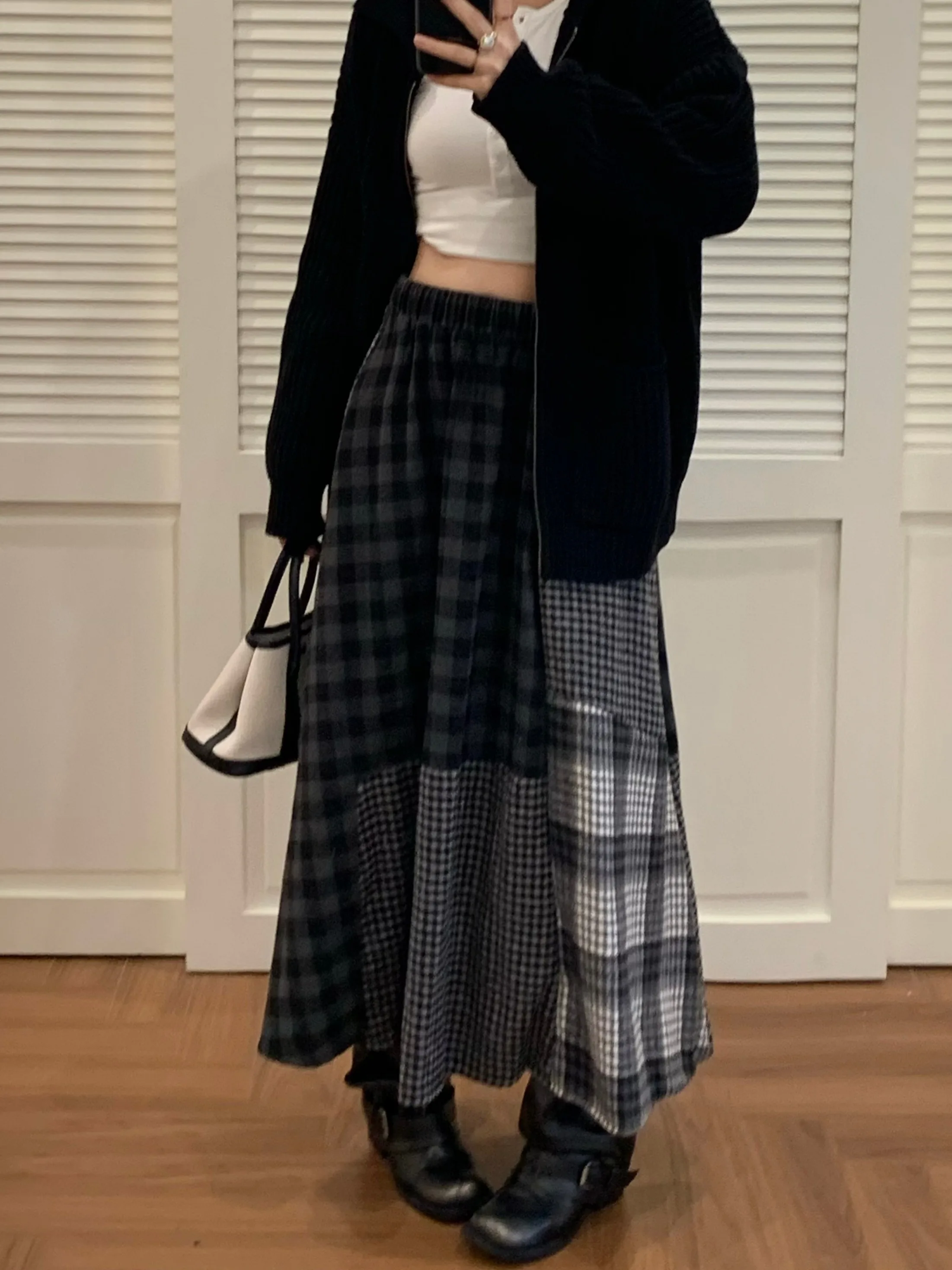 تنورة نسائية ريترو Y2k منقوشة من الصوف ميدي تنورة خريفية مرنة الخصر تنورة غير رسمية على شكل حرف a Harajuku Niche Preppy متعددة الاستخدامات