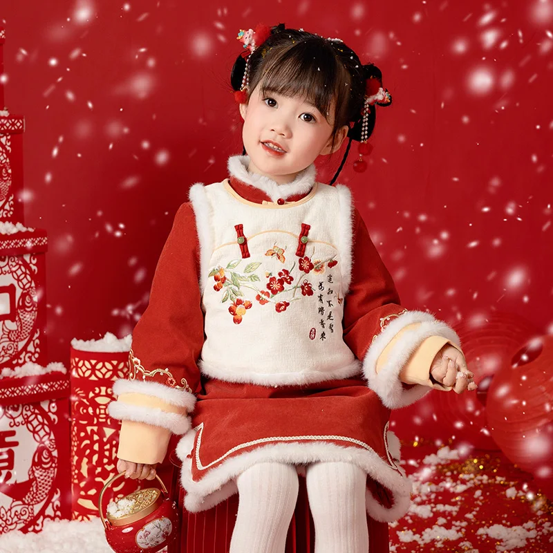 هانفو فستان شتوي للفتيات الصغيرات ، خرافية فائقة ، بدلة أطفال عتيقة ، على الطراز الصيني ، بدلة تانغ ، ملابس العام الجديد للأطفال