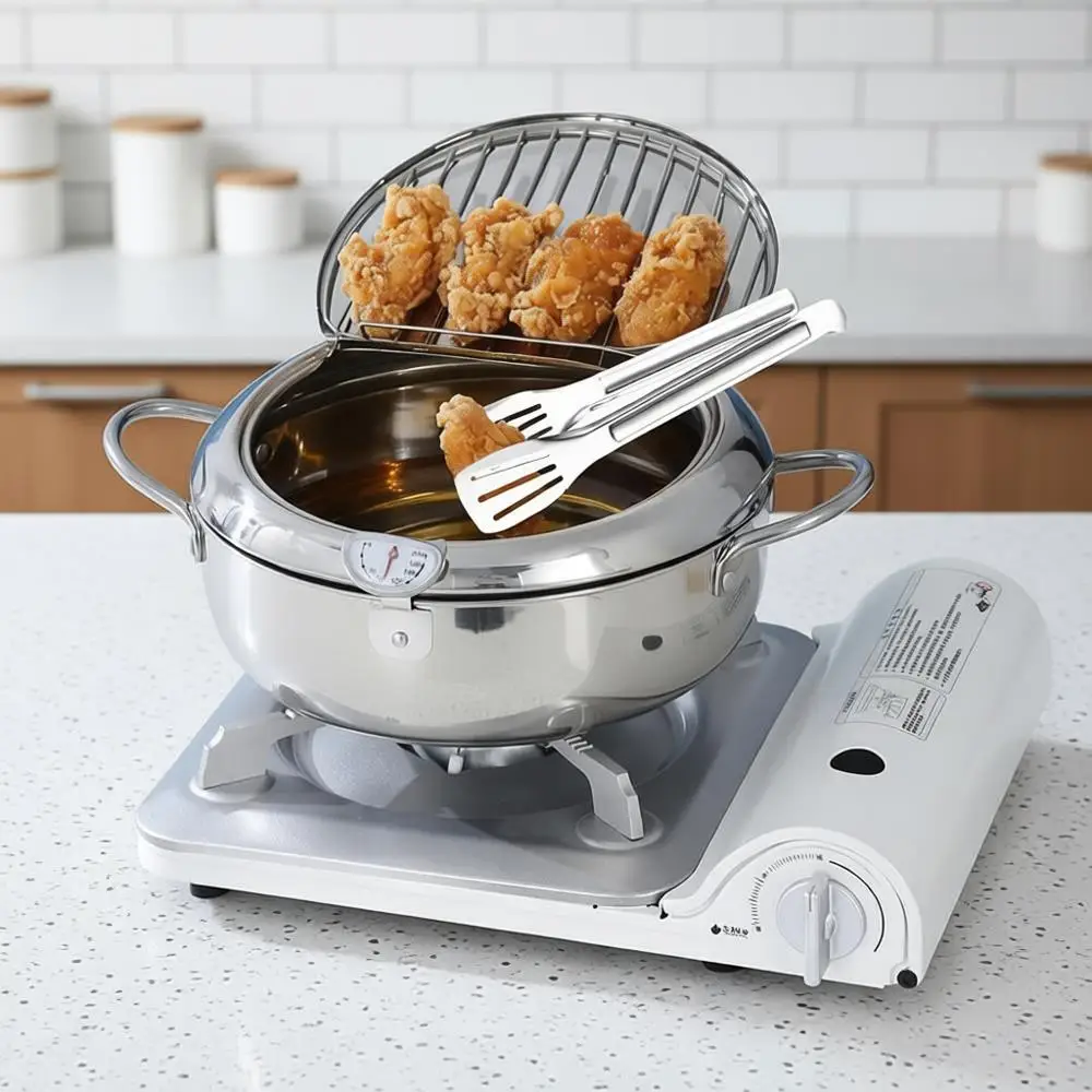 

Фритюрница из нержавеющей стали 304, японская глубокая сковорода для жарки с крышкой, с термометром, 142 унции