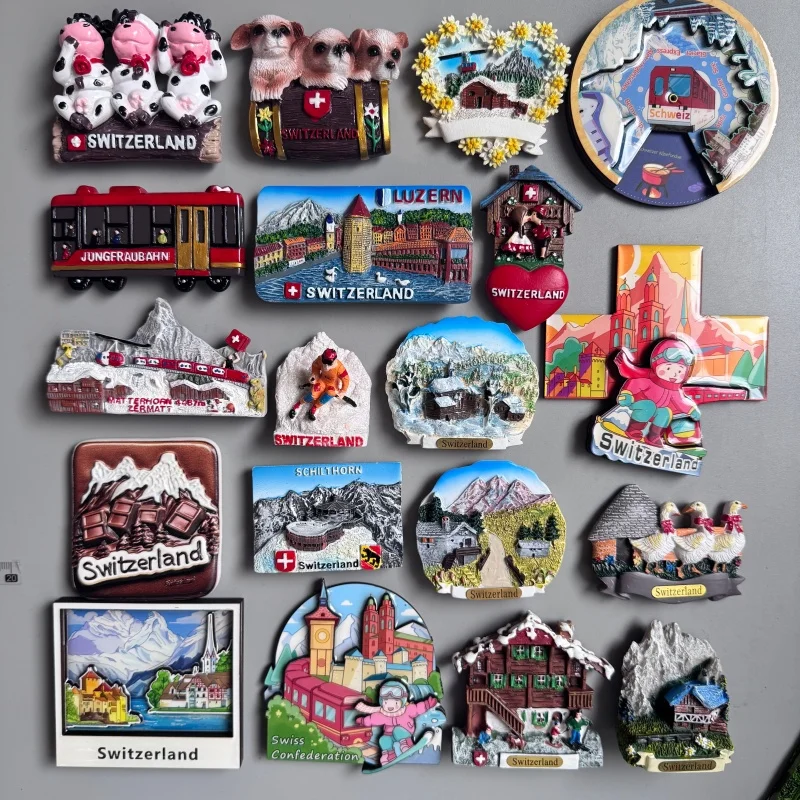 Swiss DairyCow Skiing Log Cabin Gurgle Clock Resin Fridge Magnet Sticker Tourist Souvenir Jungfraubahn Luzern Schilthorn Zermatt