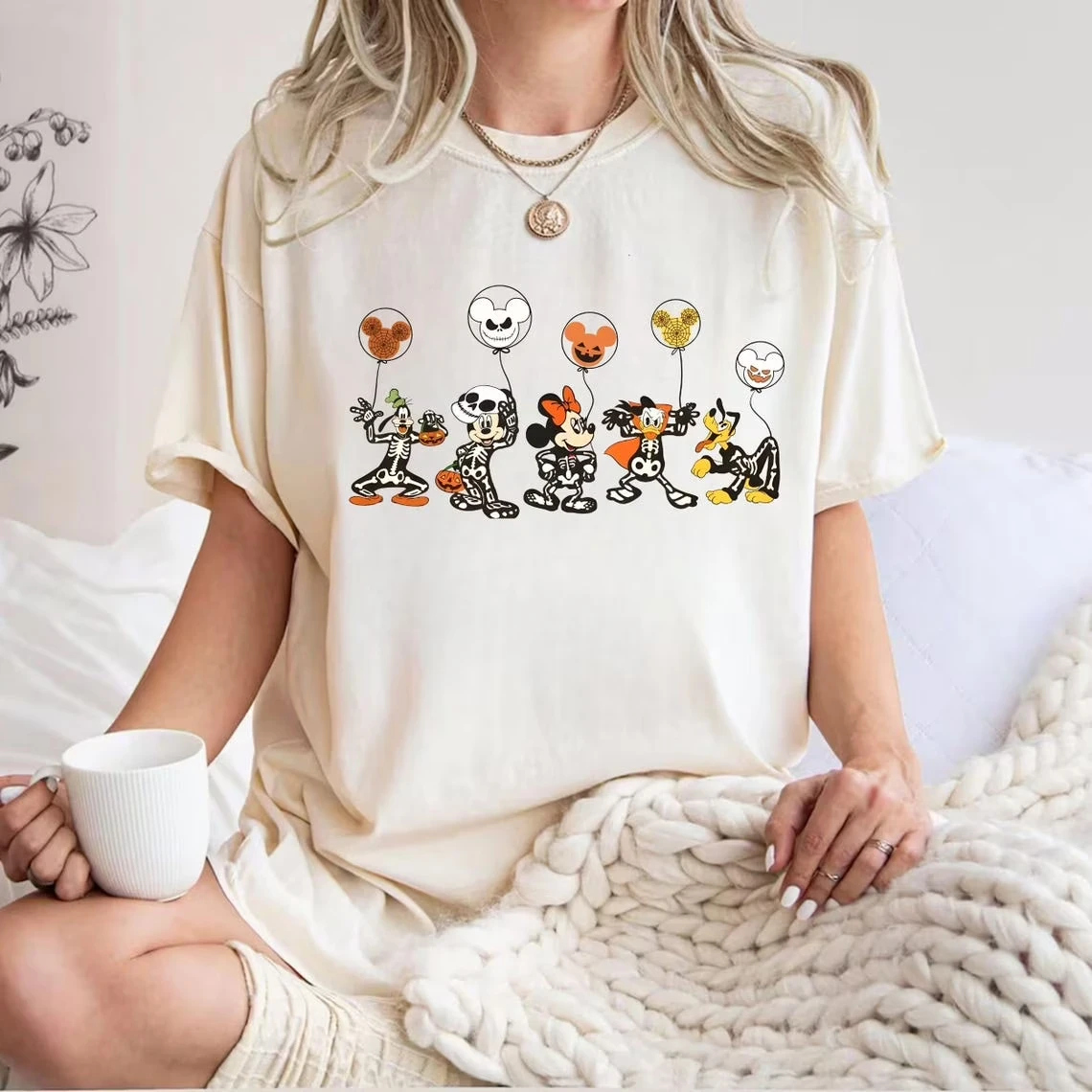 ديزني هالوين الهيكل العظمي شخصية الجرافيك تي شيرت ميكي ميني جوفي بلوتو بالون طباعة المرأة بلايز عادية القطن مخيف #1