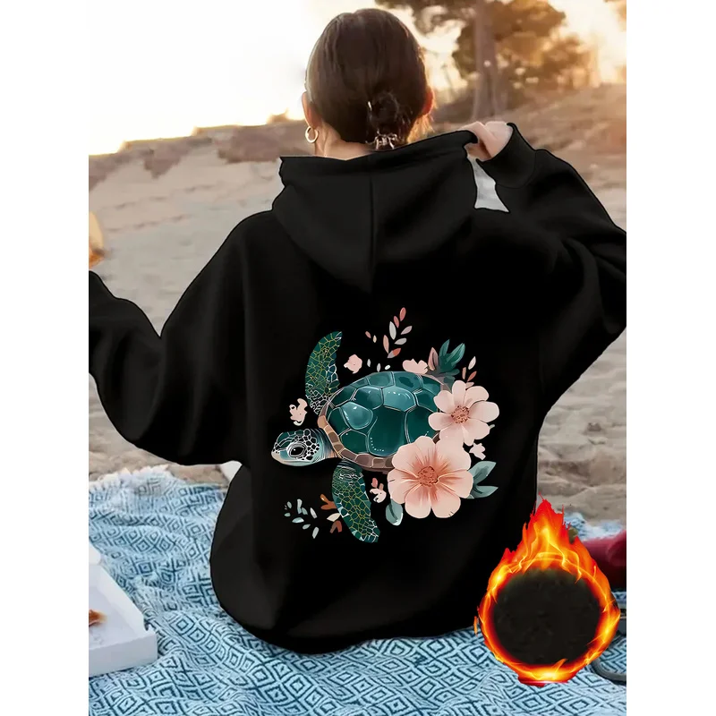 Women Zip Up Hoodie Floral Sea Turtle Print Long Sleeve Oversized Black Hooded Jacket Casual Pocket Sweatshirt