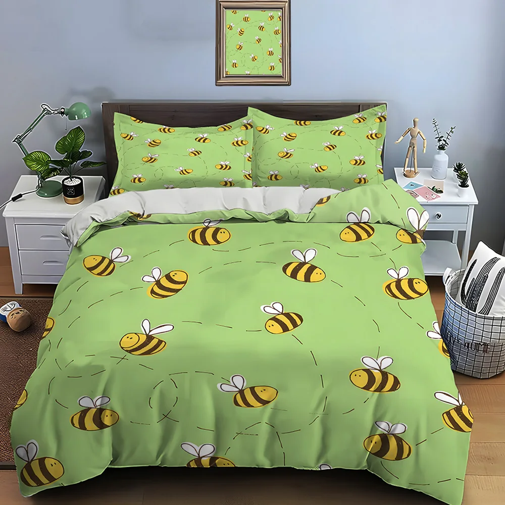 Bees Flying on Green Background Print Bedding Set 1 Duvet Cover 2 Pillowcases for Adult and Children Luxury Gift Full Size