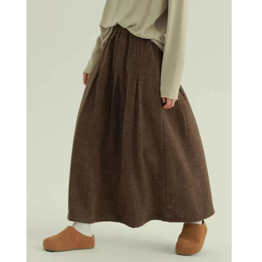 클래식 A라인 울 스커트 캐주얼 다용도 나이를 잊게 하는 슬림핏 단색 버튼 밴딩 허리 출퇴근용 롱 스커트