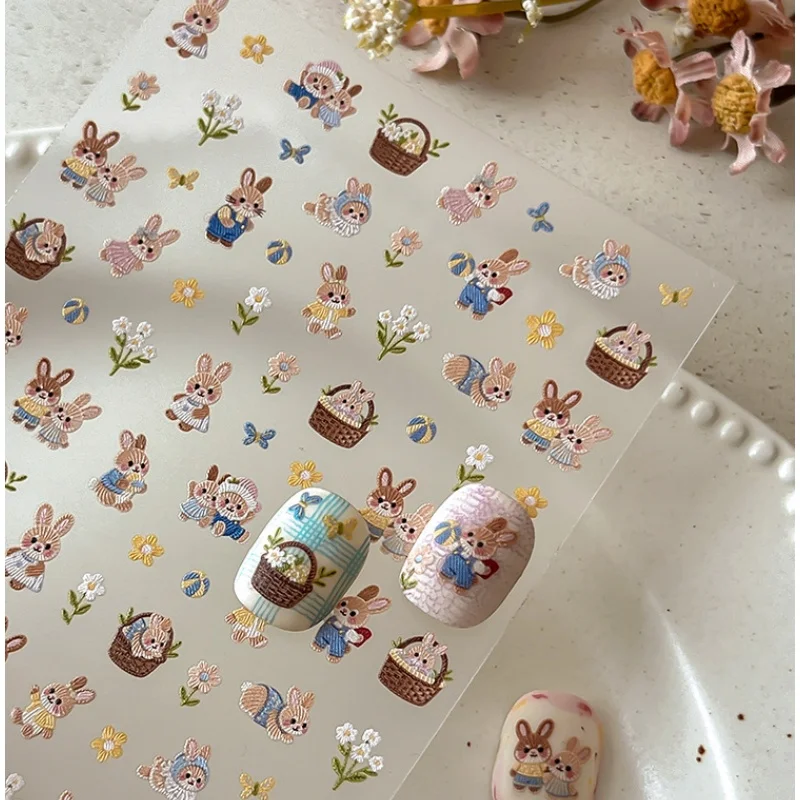 1Pcs 3D Relief Rabbit Nail Stickers Cute Rabbit Countryside Style DIY Nail Decoration Self Adhesive Nail Art Stickers Decoration