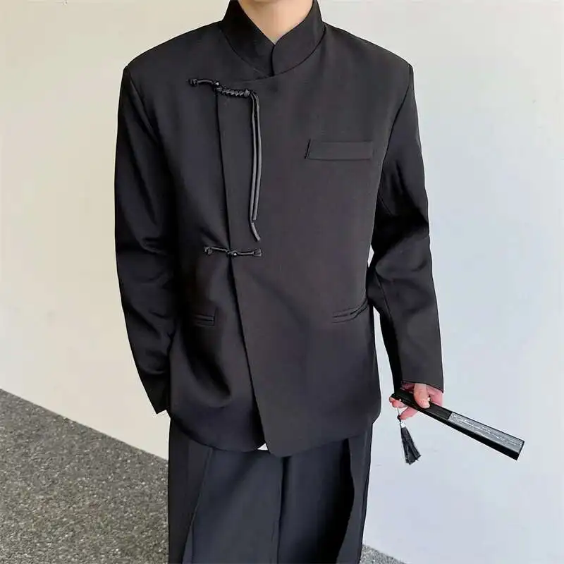 

SYUHGFA New Fashion Men's Suit Casual Knot Button Solid Color Single Breasted Trendy 2024 Autumn Tops Stand Collar Male Blazers