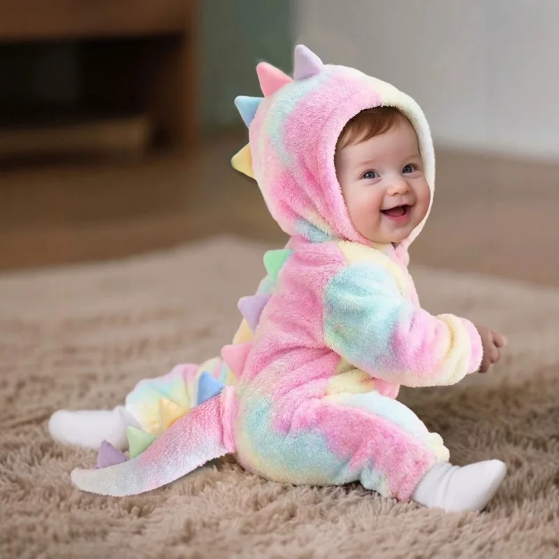 Baby Clothes Cute  Rainbow Dinosaur Baby Romper Hooded Fleece Jumpsuit Toddler Girl Halloween Cosplay Costume Outfit  Long Tail