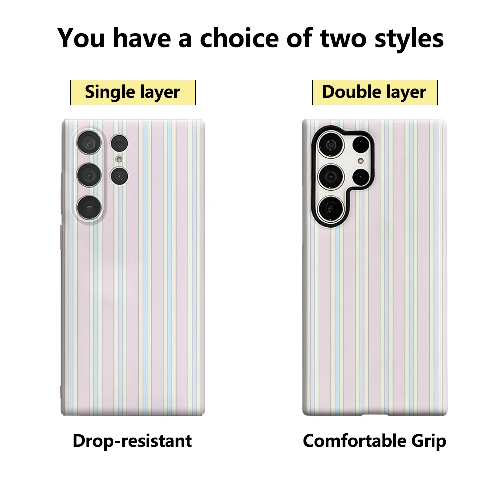 حافظة هاتف هارموني مخططة باللون الوردي لهاتف سامسونج جالاكسي S25 Ultra S24 S23 Ultra Plus غطاء خلفي لامع بطبقة مزدوجة