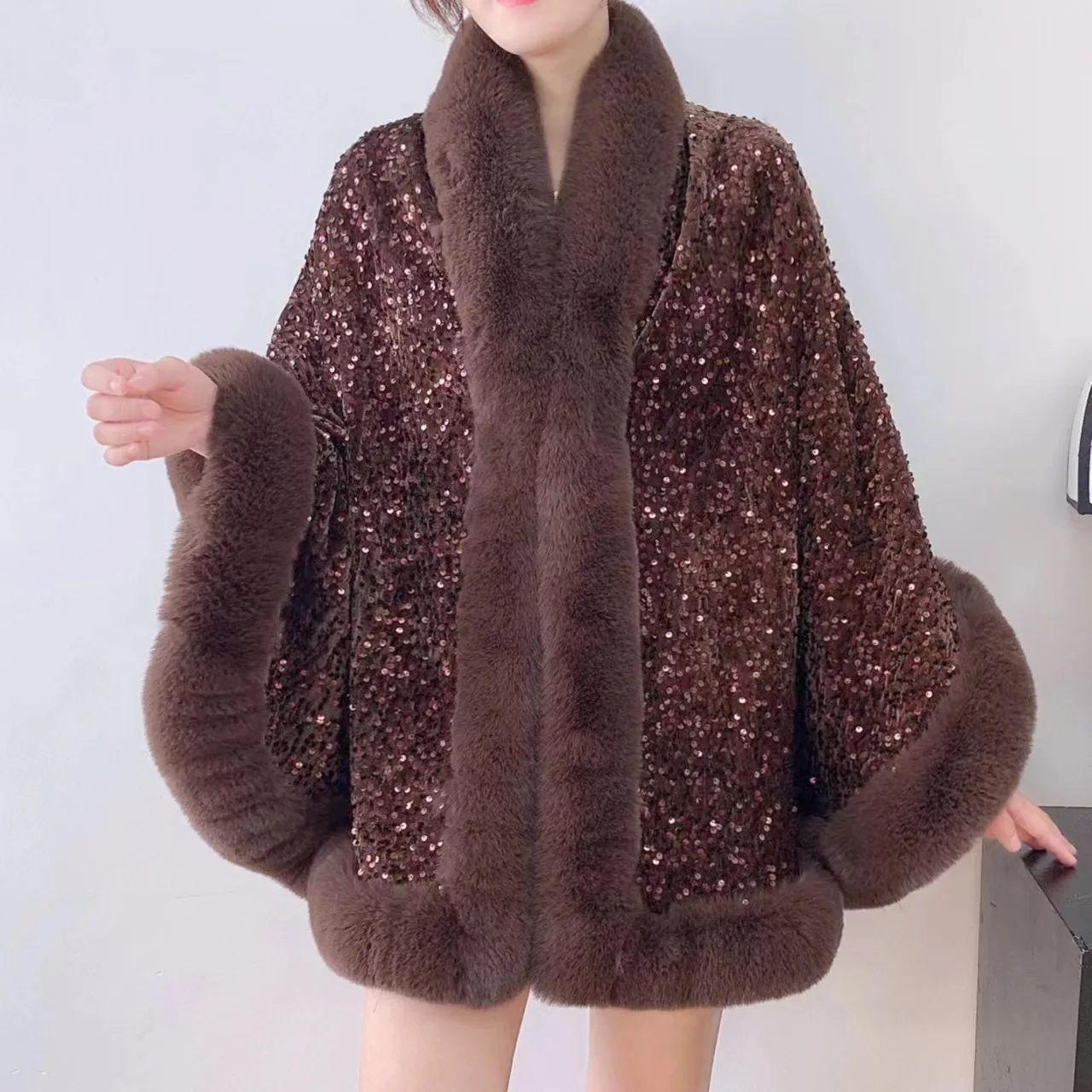 Fashion Shiny Paillette Faux Rex Rabbit Fur Cape Coat Winter Thicken Lining Warm Party Dress Cloak Shawl Women Wraps New