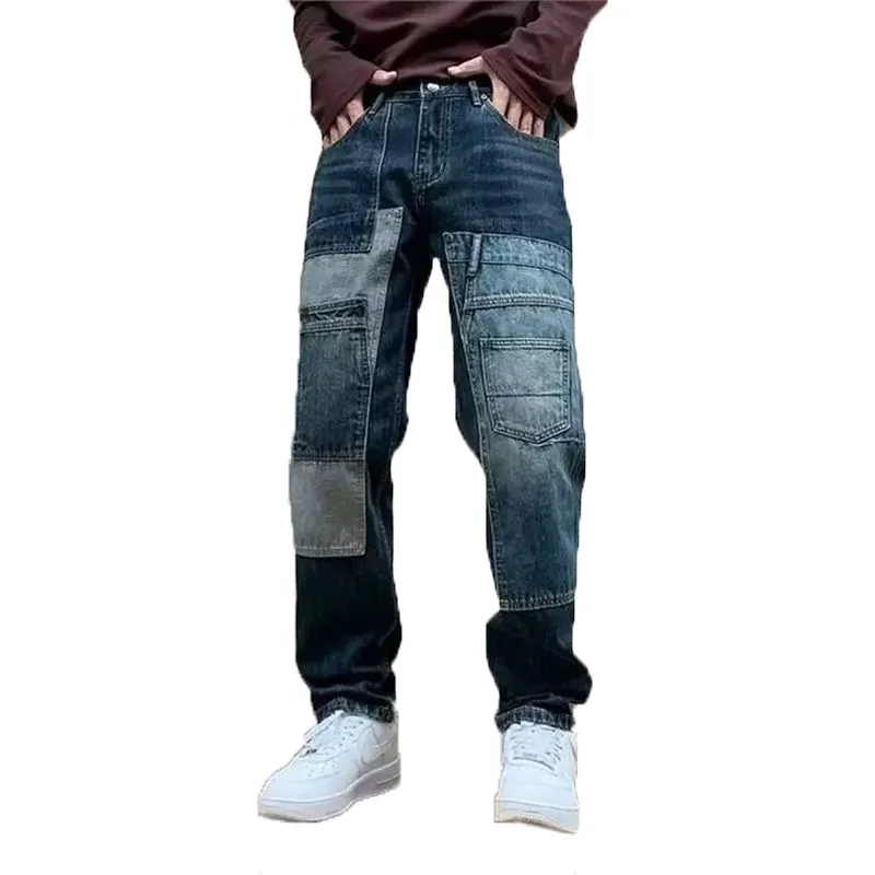 

Japanese And Korean Retro Design Patch Splicing Contrasting Color Multi Pocket Work Pants Men'S Jeans Tapered Pants