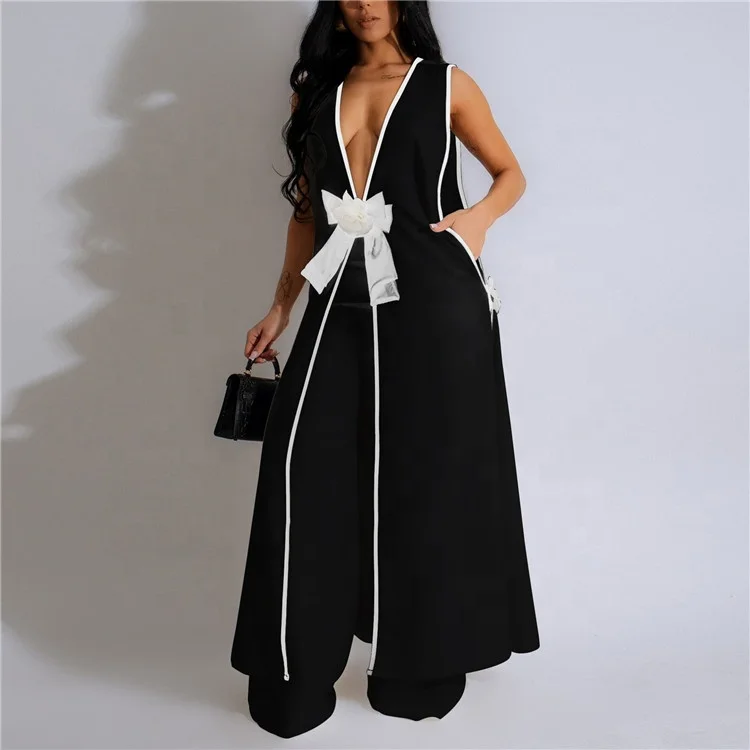 Camellia Bow Tie Long Sleeve Dress And Wide Leg Pant Two Piece Set 2024 Summer New Fashion Women\'s Sets