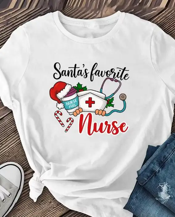Women Christmas Nurse Graphic T Shirt Santa's Favorite Nurse Stethoscope Candy Cane Print Round Neck Loose Short Sleeve Casual Holiday Gift Tee
