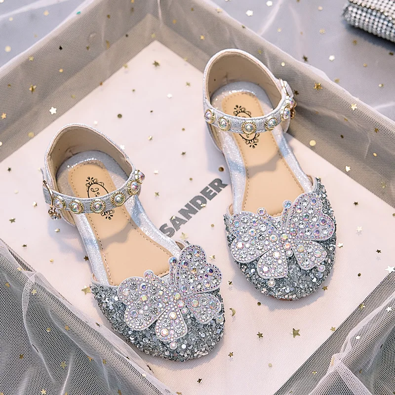Girls Princess Sparkly Rhinestone Butterfly Pearl Ankle Strap Kids Flat Dress Shoes Non Slip Soft Sole Children Party Sandals