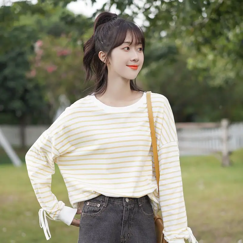 Fashion O-Neck Shirring Striped Lace Up Bow T-Shirt Female Clothing 2023 Spring Autumn New Casual Pullovers Sweet Tee Shirt