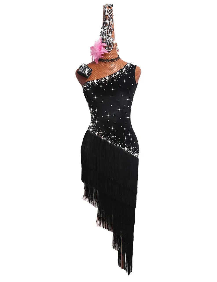 

Latin Dance Competition Dress Performing Dress Female Dance Skirt Black velvet shoulder tassels skirt #LD117