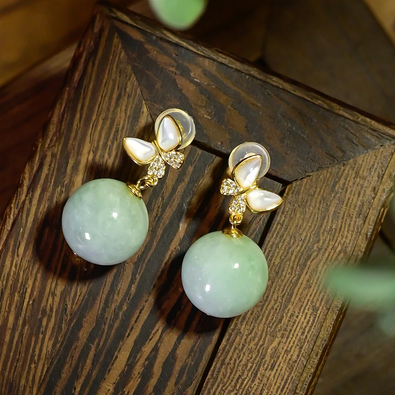 

Серьги из натурального нефрита, женские серьги-гвоздики из стерлингового серебра с бабочками, кулон, 12 мм, круглые нефритовые серьги из бисера