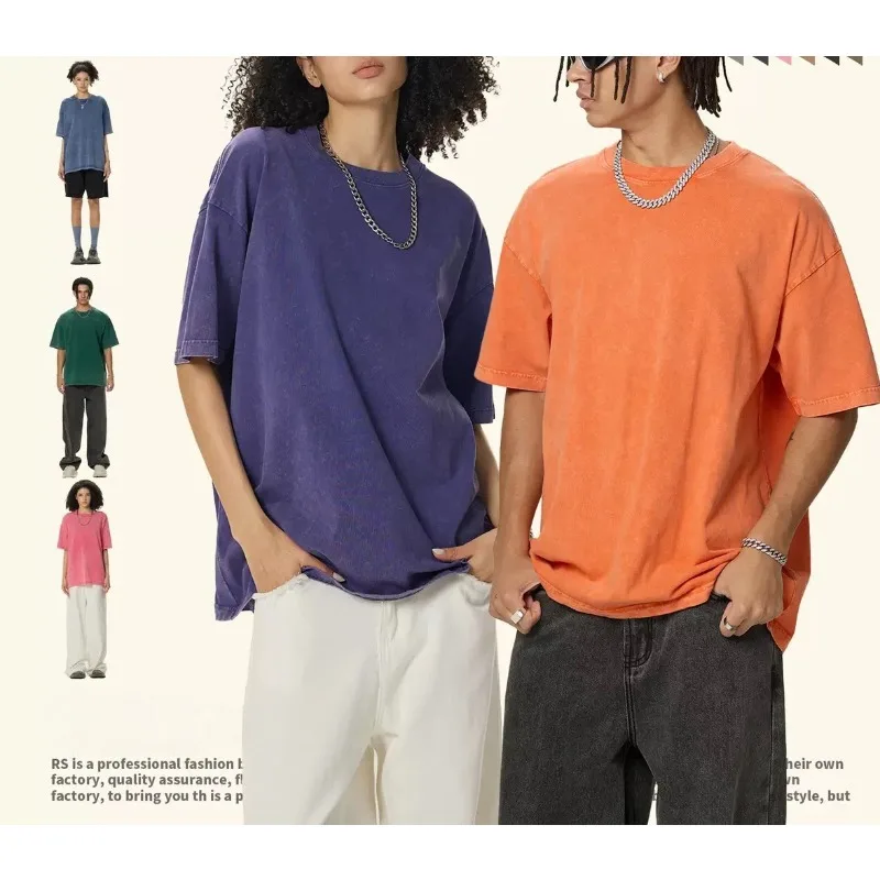 Men Women Summer T-shirt 230G Heavy Cotton Vintage Washed T-Shirts Oversized Short Sleeve Loose Streetwear Short Sleeve Tops Tee