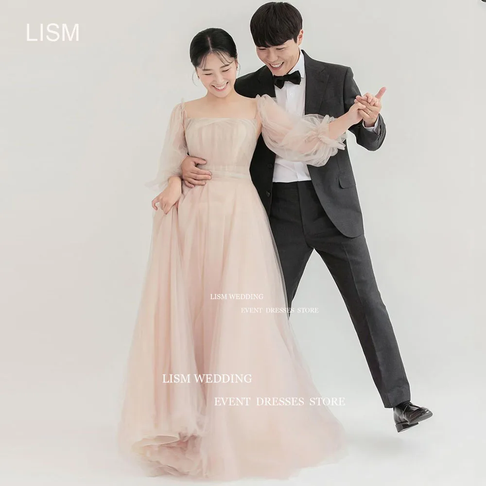 

LISM Simple Square Korea Pregnant Anniversary Photos Shoot Long Puff Sleeve Formal Bride Party Dress Blush Pink Evening Gowns