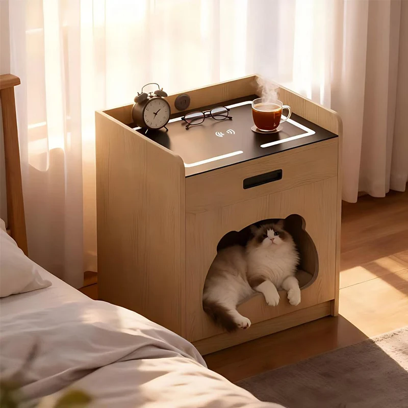 Human Pet Shared Cat Bed Nightstand, Nightstand with Drawer and Hidden Cat Nest, 3-in-1 Pet Furniture for Small Apartment, New