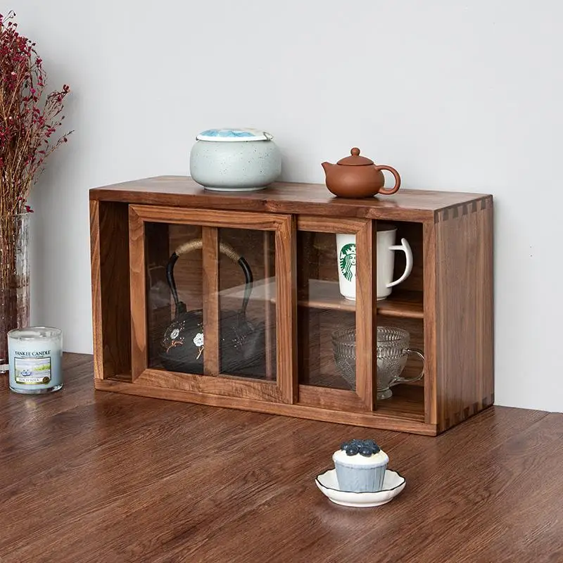 

North American black walnut desktop storage cabinet kitchen solid wood dining side tea set bowl cup storage display