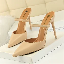 Summer Retro Simple Women Shallow Mouth Thin High Heels Mules Slingbacks Slippers Pointed Toe Hollow Wedding Slip On Pumps Shoes