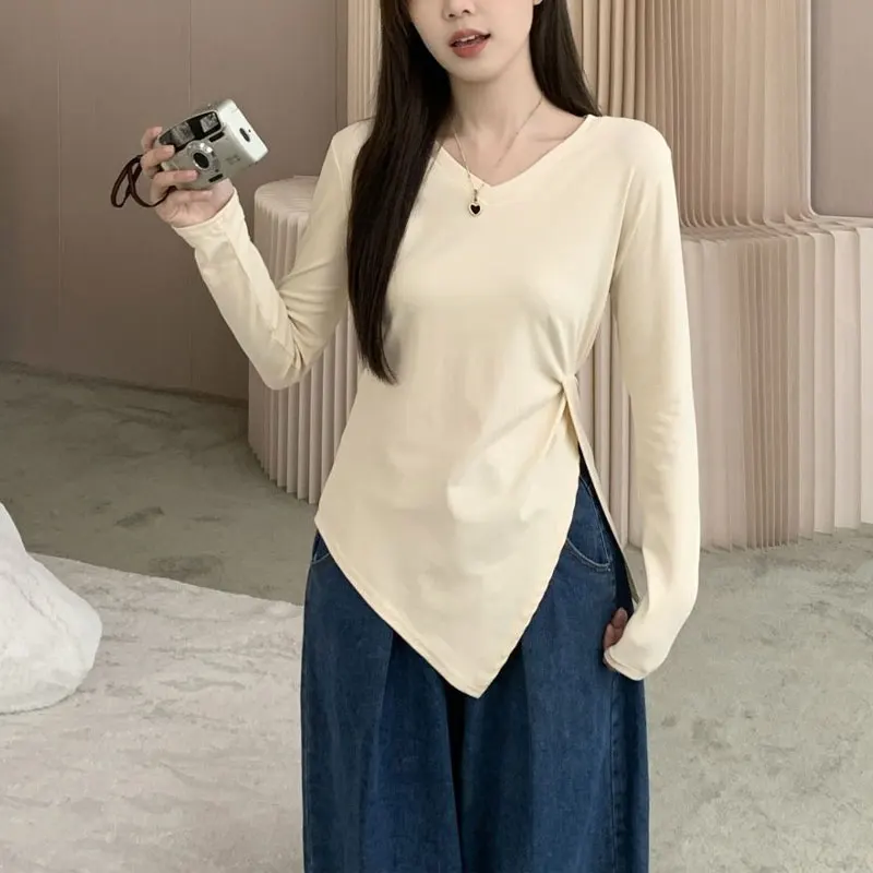 

Spring Autumn Irregular Pullovers V-Neck Commute Solid Color Women's Clothing New Stylish Folds Split Casual Long Sleeve T-shirt