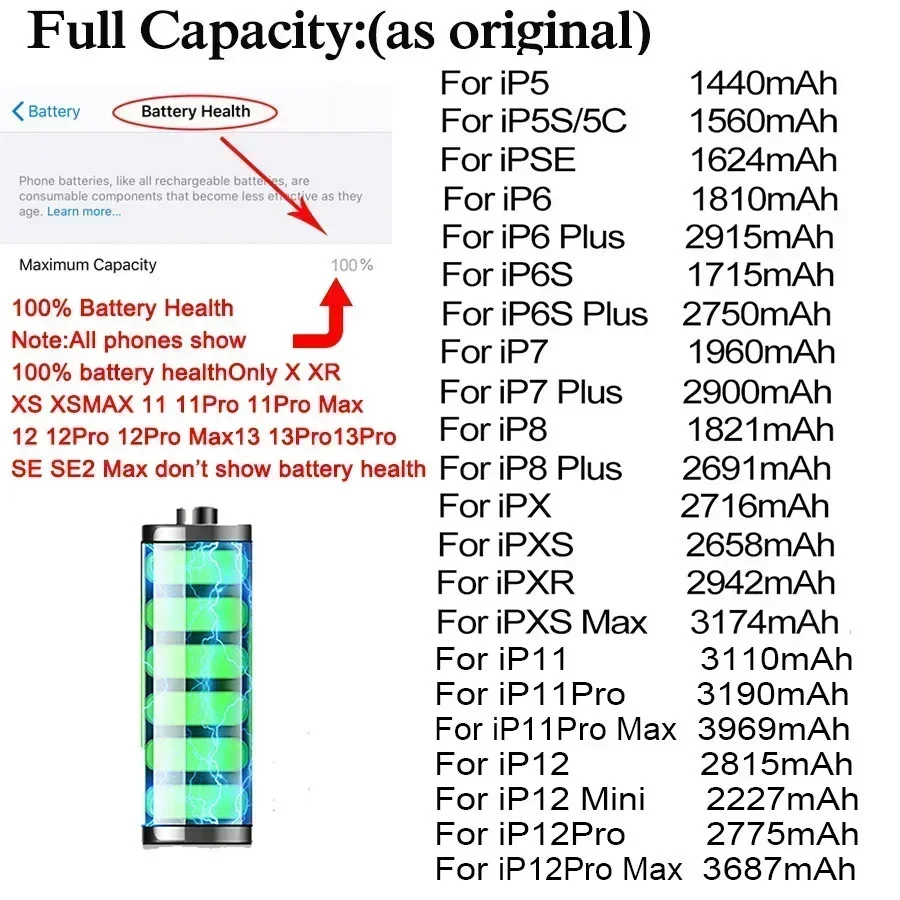 2024 Genuine Phone Battery for Apple 5 6 S 7 8plus X Xr Xs Max 11 12 Pro 13 14 Plus Replacement Bateria