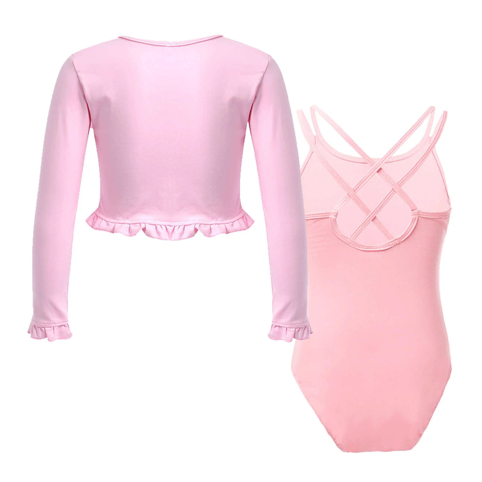 Body per bambina, ginnastica, danza classica, body in cotone con cinturino per spaghetti + maniche arricciate, cardigan in rete trasparente, top corto