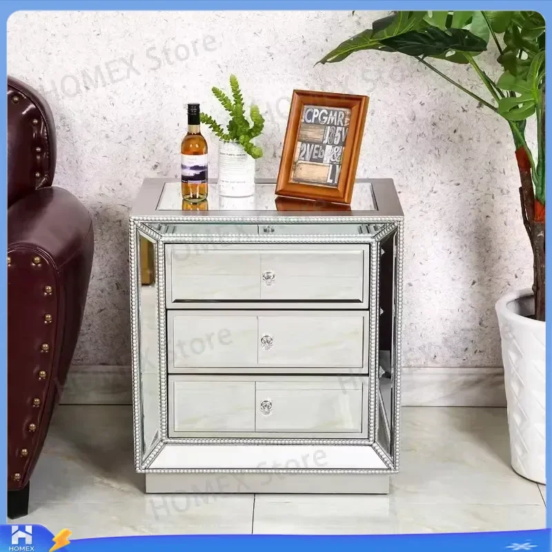 Modern Mirror Glass Bedside Table Nightstand Entryway Console Storage Cabinet for Hotel Home Living Room Bedroom Furniture
