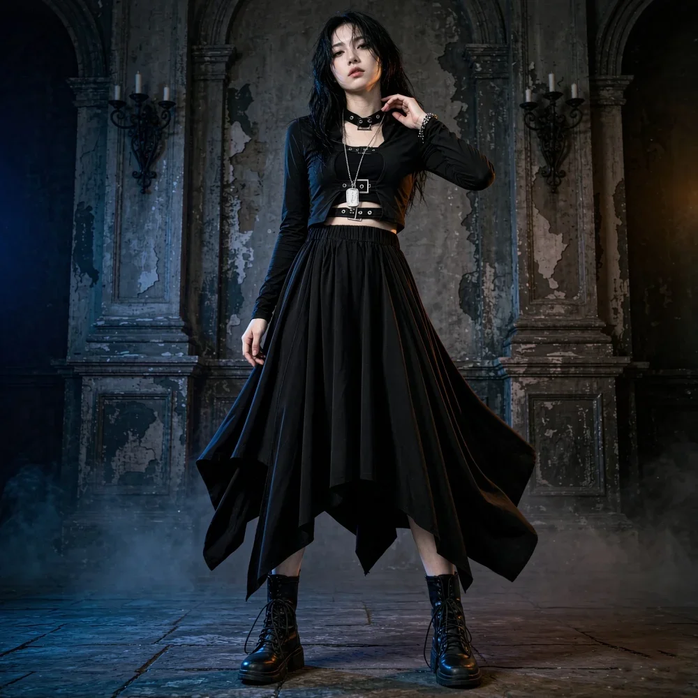 Women Black Irregular High Waist Long Skirt Gothic Punk Harajuku Vintage A-line Skirt Dark Style Casual Streetwear Bottoms