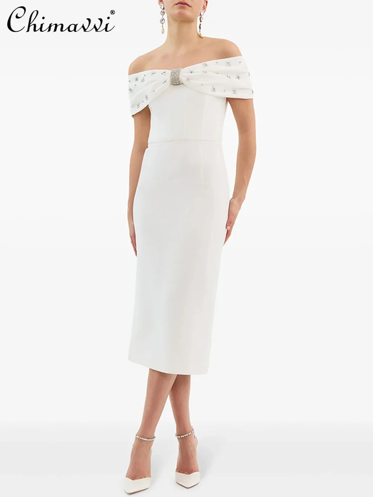 النمط الفرنسي الأنيق الاجتماعي الماس خارج الكتف مثير فساتين طويلة عالية الخصر سليم صالح Bodycon فستان الحفلات المسائية للنساء