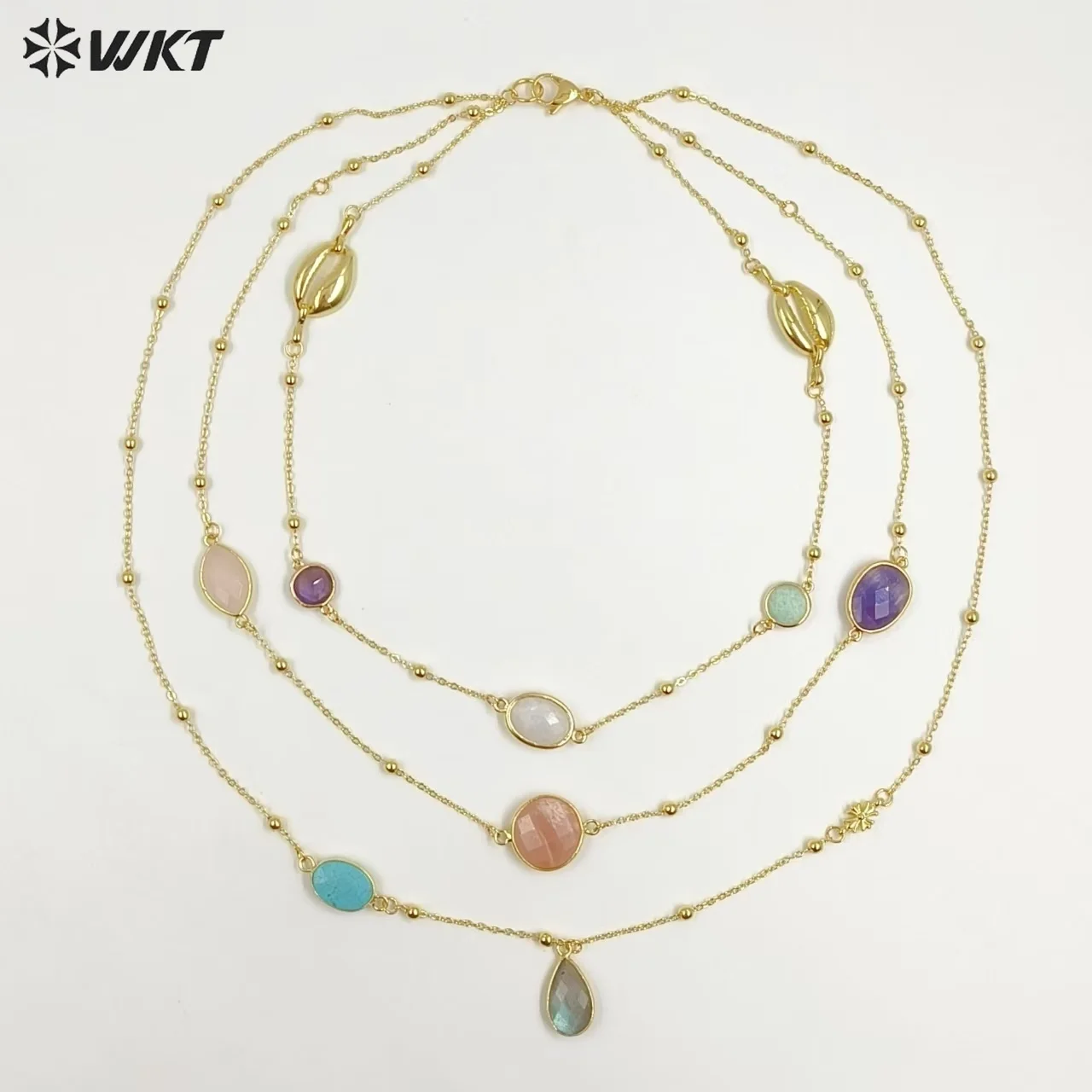 

WT-N1519 Unique Three Layers Design Fine Women Necklace Colored Oval&Round Geometric Shape Turquoise Amethyst Stone Beads Chain