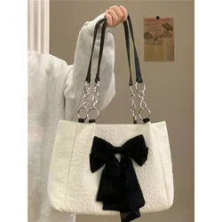 Crossbody Bags For Women Korean 2023 New Big Bowknot Tote Canvas Summer High Capacity Cute Simple Luxury Elegant Bark Texture