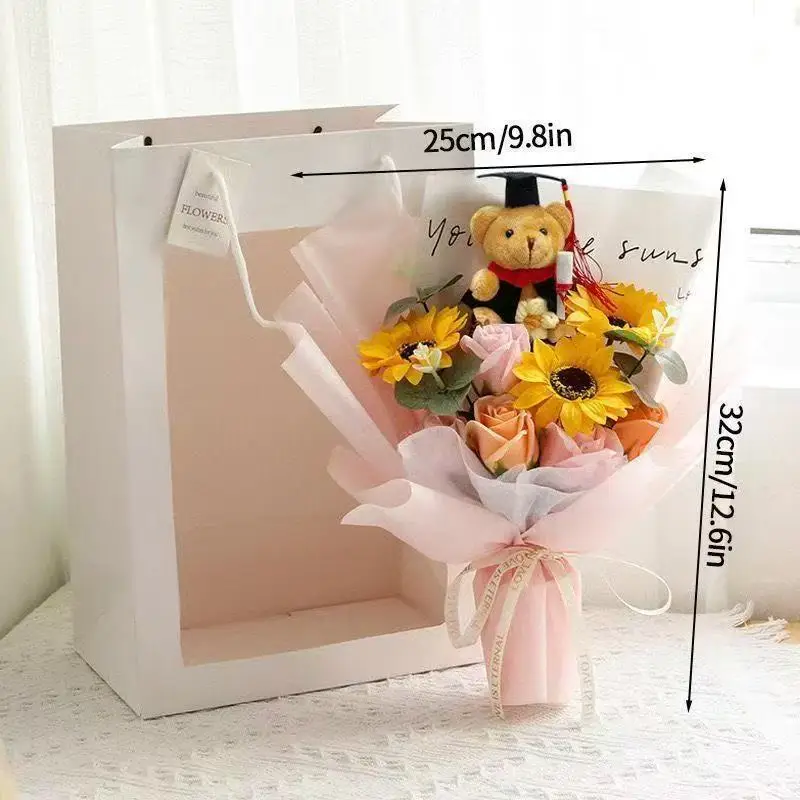 Graduate Bear Plush Bouquet Toy With Hand-Knitted Sunflower Kawaii Funny   Valentine\'s Day Xmas Girl Graduation Gift
