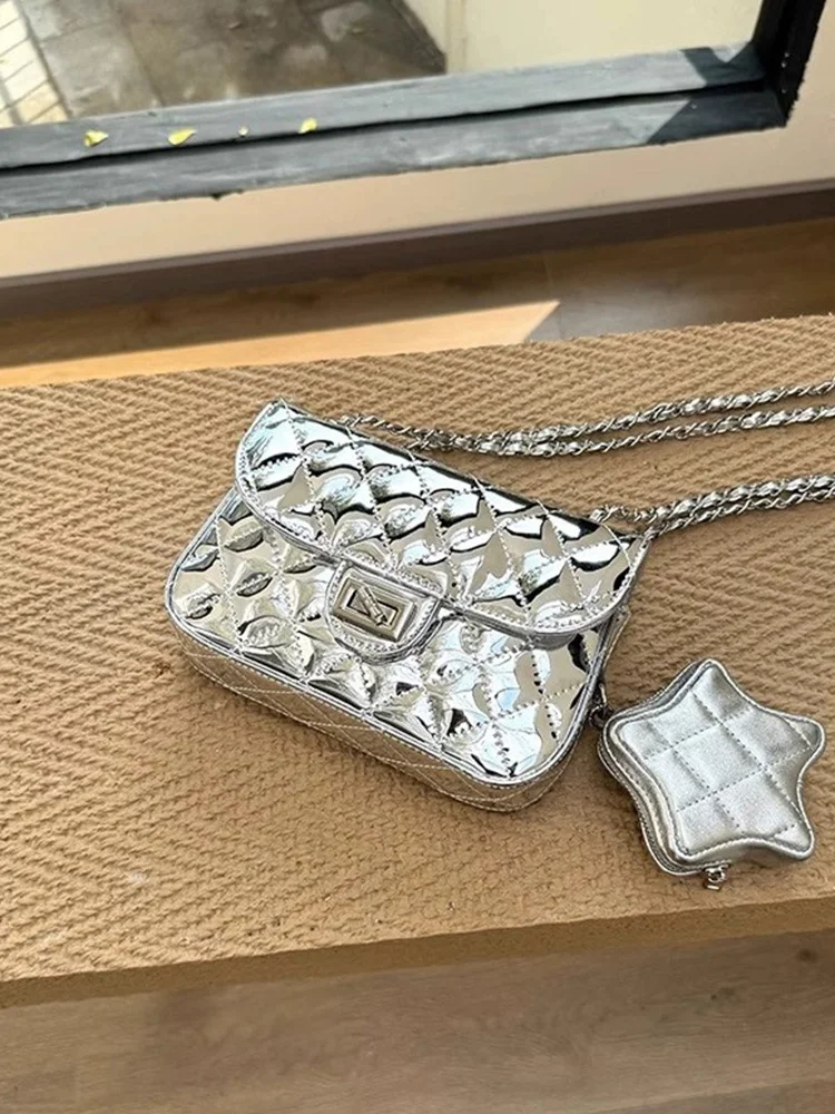 

Modern Neutral Sle Silver Star Ladies Crossbody Bag Diamond id Chain Handbag Faionable Spicy Girl Single oulder Bag