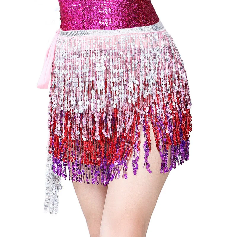 Women Sequins Belly Dance Skirt Belt Dancing Costume Adult Adjustable Tassel Dance Hip Scarf for Dancewear Practice Performance