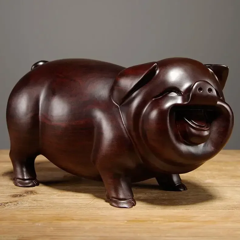 Feng Shui Wooden Crafts Carving Handmade Pig Figurines Mahogany Home Accessories Office Desktop Ornament Lucky Gift