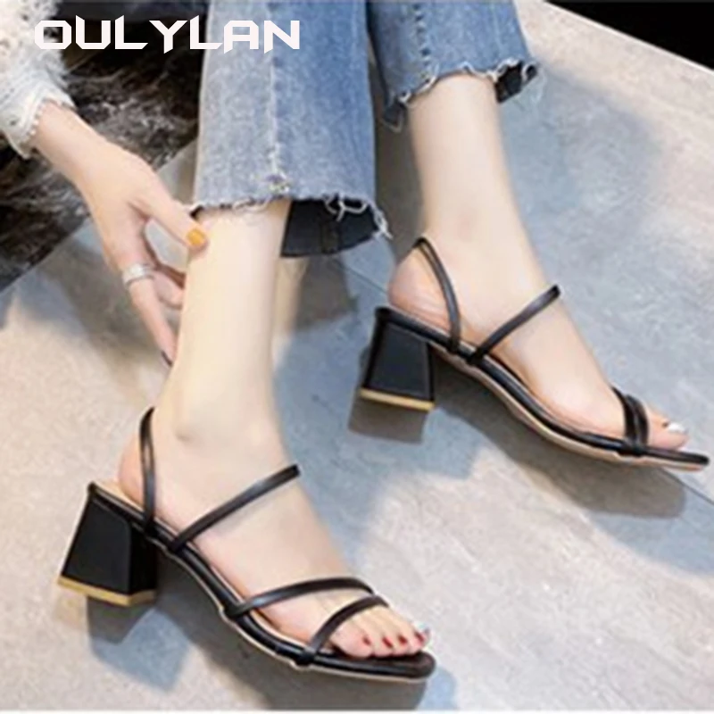 Oulylan Women Sandals Ladies Square Heel Elegant Summer Slippers Outside Cross Tied Leather Female Slides Fashion Woman Sandals