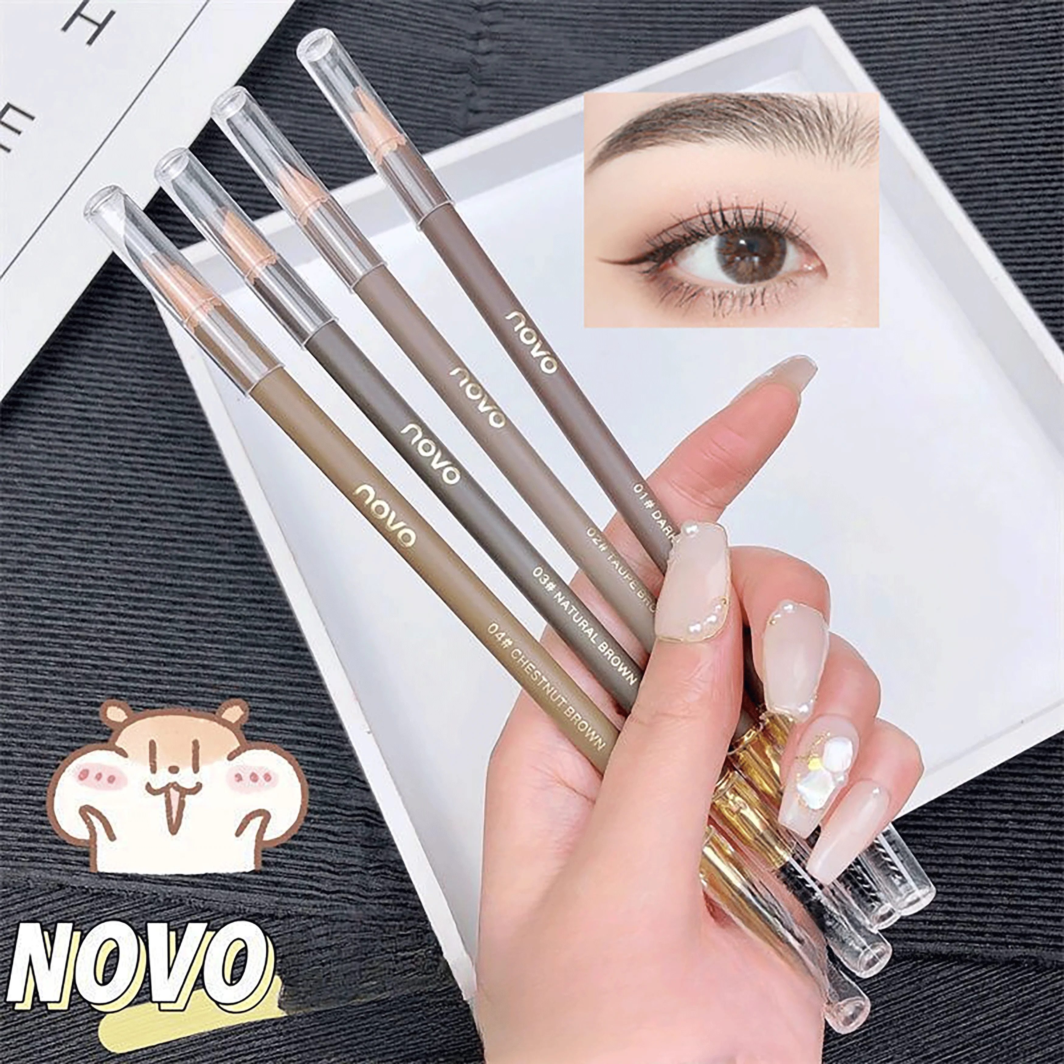 방수, 땀에 강함, 색이 바래지 않음, 오래 지속됨, 가는 팁의 덕빌, 초미세 이중 끝날로 연마된 눈썹 펜슬