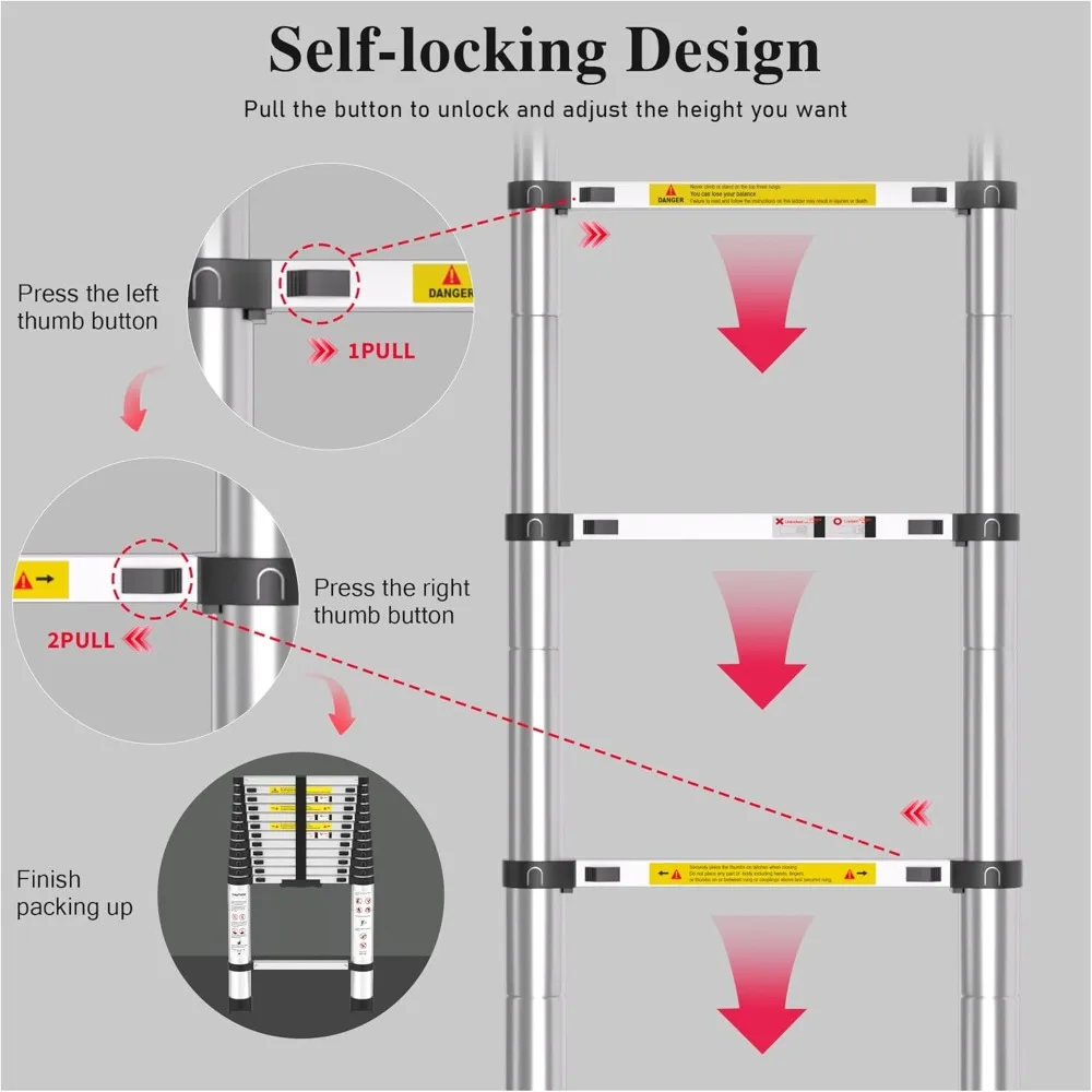 12.5FT Telescopic Aluminum Ladder, 330lbs Capacity, Adjustable Retractable for Home Roof RV Travel