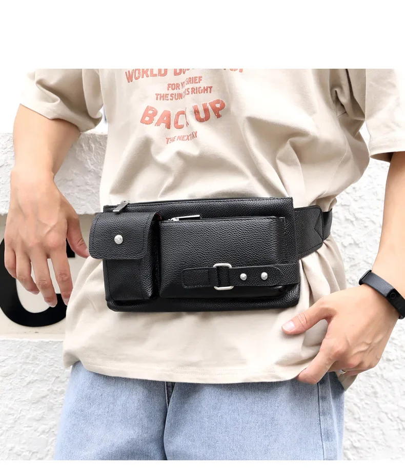 Multi Pocket Fanny Pack PU Leather Waist Bag Slim Shoulder Bag Hip Purse Adjustable Belt Strap Casual Pouch Outdoor Daily Bag