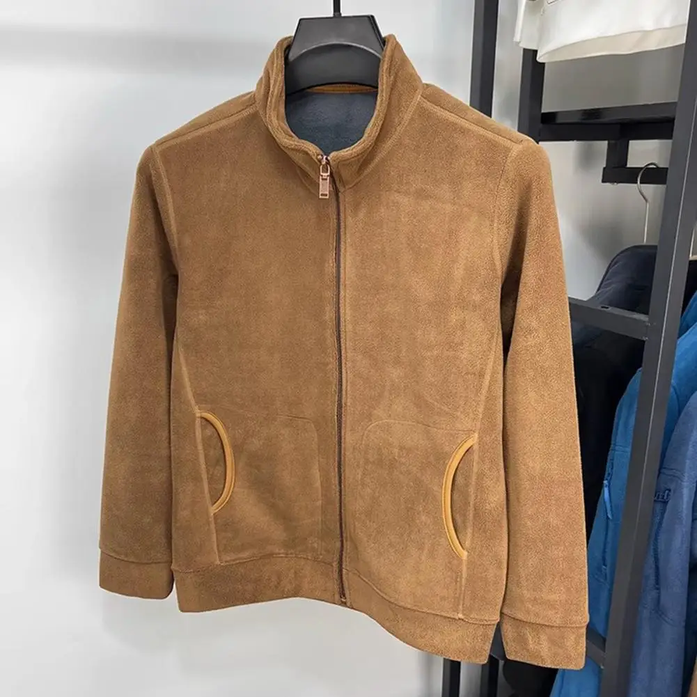 

Мужское пальто, пальто на молнии, мужская флисовая куртка с воротником-стойкой и карманами на молнии, зимняя утолщенная для холода