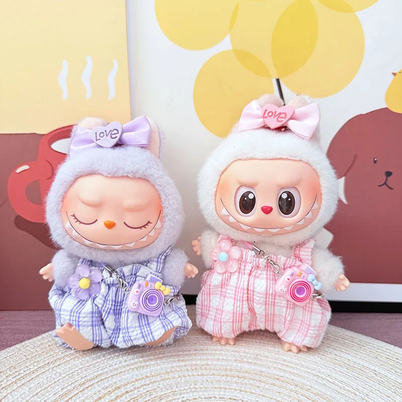 

15cm17cm Labubu Doll Clothes LABUBU Sitting Party 1st 2nd 3rd Generation Floral Plaid Pants Set With Camera Shoes Outfits