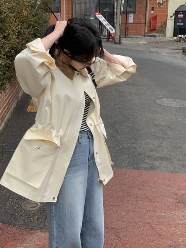 

Faionable Retro Lapel Dstring Design Loose Casual Midi Length Overcoat Jaet Women's Top Ele Aosphere